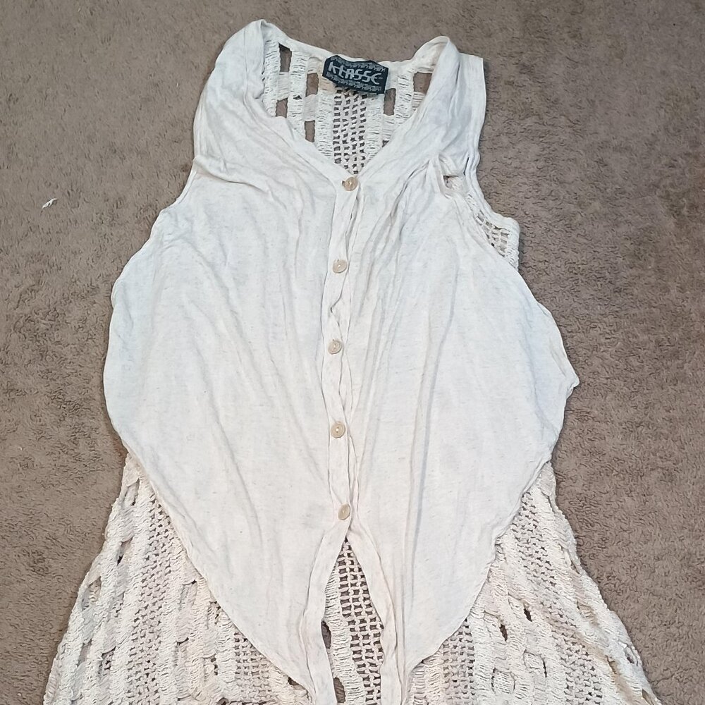 Klasse Crochet Duster Cardigan Womens Small Bohemian Open Knit Vest Festival Boh